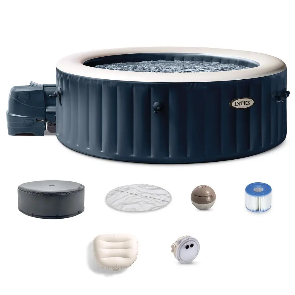 

PureSpa Plus 6 Person Round Inflatable Hot Tub, Bubble Massage Spa Set with Energy Efficient Cover, 2 Headrests, amp LED Light,