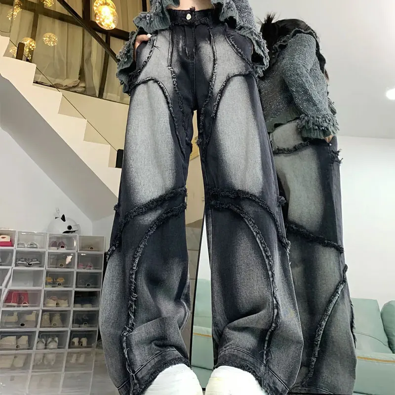 Streetwear Deconstruct Patchwork Detail Trousers Women's Clothing Loose Denim Pants Straight American Chic Tassel Wide Leg Jeans