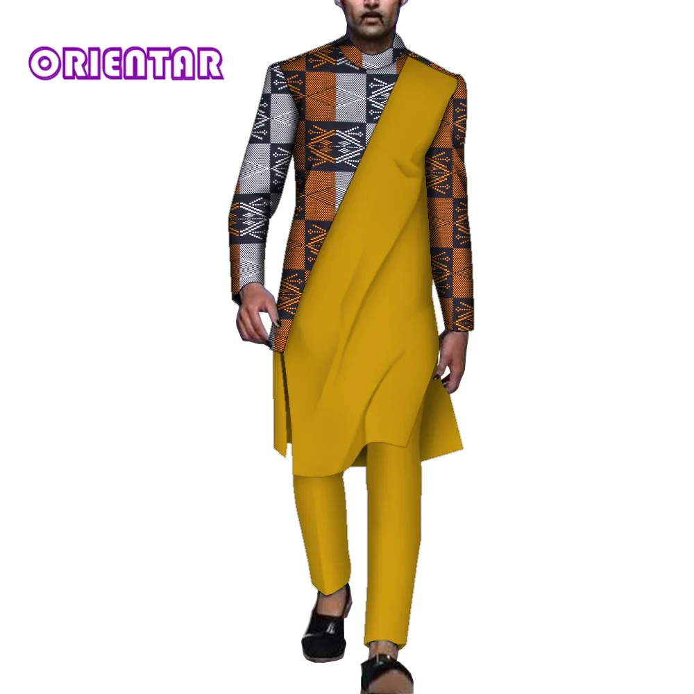 2 Pieces Set African Men Outfits Set African Print Patchwork Long Sleeve T Shirt and Pants Traditional Men Trousers Set WYN1663