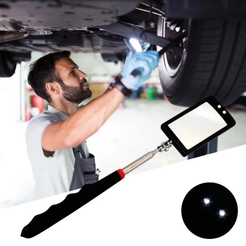 360° Inspection Mirror LED Light Telescoping Mirrors Extend Mechanic Tools Inspection Mirror Telescopic Handle Repairing Tools