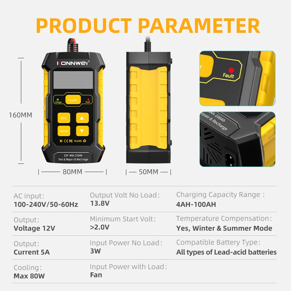 KONNWEI KW510 Car Battery Tester Full Automatic 12V Pulse Repair 5A Battery Chargers Cranking AGM Gel Car Repair Tool PK BM550