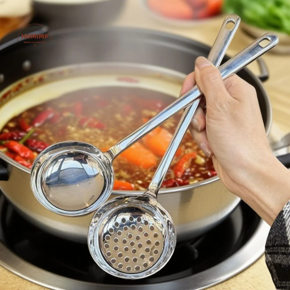 

Household Stainless Steel Soup Spoon Deepened Long Handle Slotted Spoon Flat Bottom Rust-proof Serving Colander Home