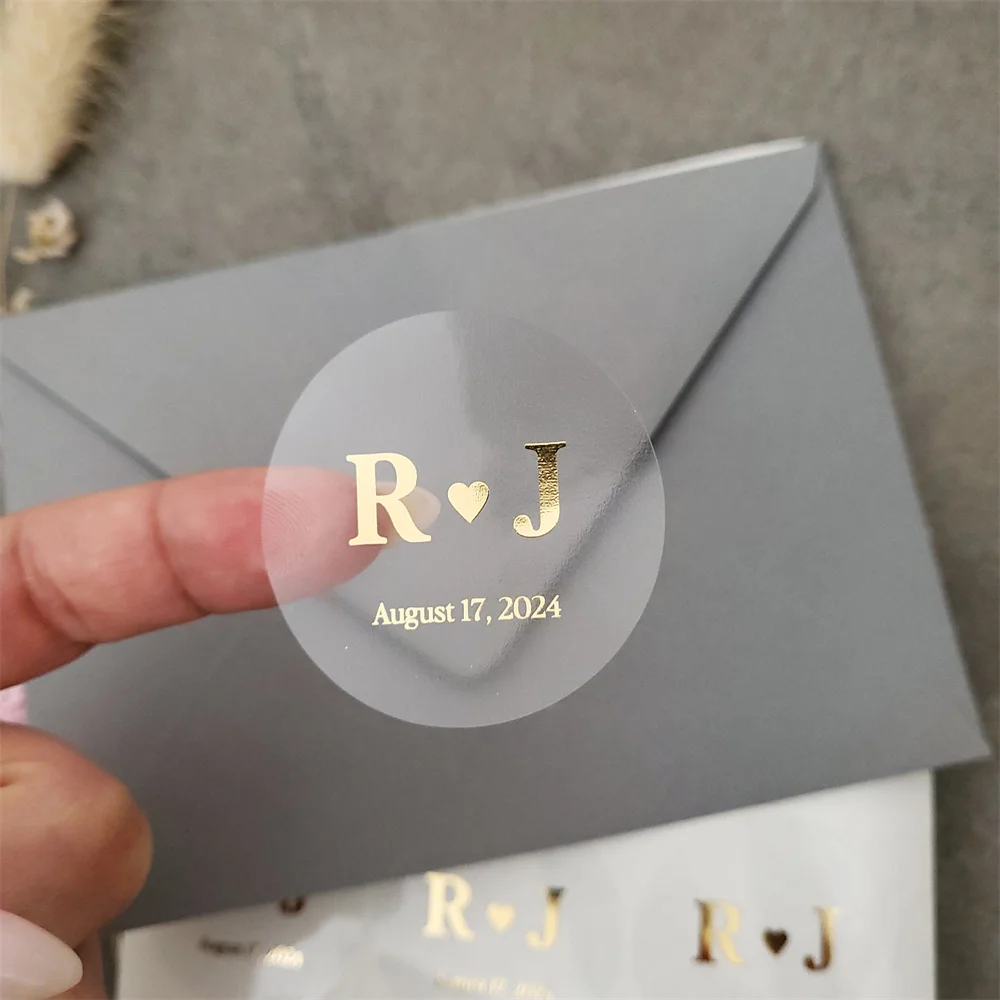 Wedding Transparent Stickers With Foil, 50Pcs Personalized Gold Stickers 3cm~7cm,Envelope Seal Stickers,Thank You Gold Sticker