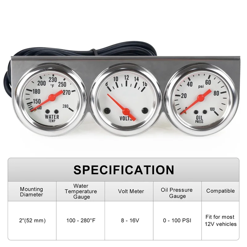 

NEW-Triple Gauge Kit Oil/Volt/Water Gauge 2 Inch Chrome Oil Temp Water Temp Gauge Temperature Oil Pressure Voltage Gauge