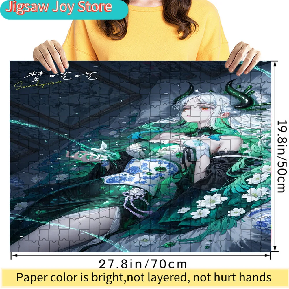 

Fantasy Green Horned Girl Art Paper Jigsaw Puzzle, Anime Character with White Hair & Floral Details, Collectible Stress Relief G