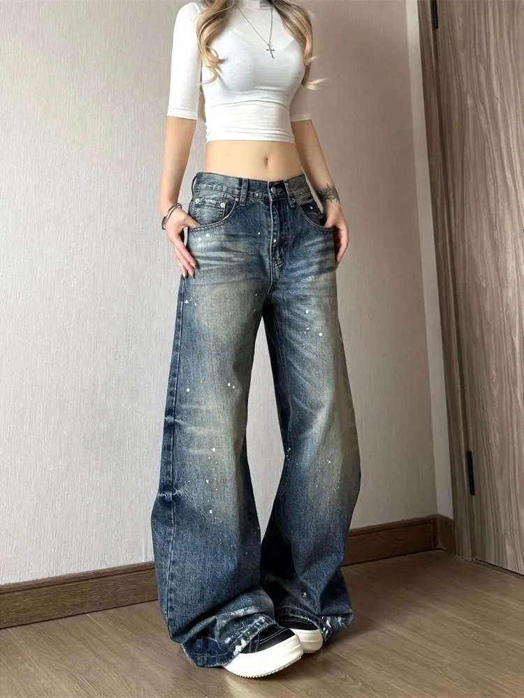 American Retro Washed Ink Splashed Curved Knife Jeans Fashionable Loose Straight Leg Wide Leg Floor Pants New Women's Pants