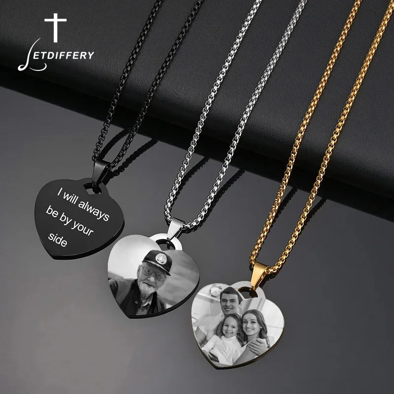 Letdifery 맞춤형 사진 텍스트 목걸이, 스테인레스 스틸, 맞춤형 레이저 각인, 하트 펜던트, 보석 선물