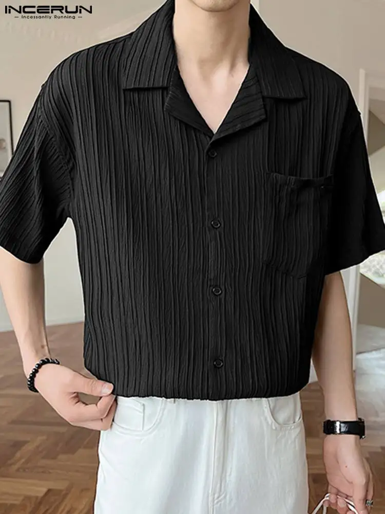 Men Shirt Folds Striped Lapel Short Sleeve Button Streetwear Korean Casual Shirts 2023 Summer Leisure Men Clothing S-5XL INCERUN