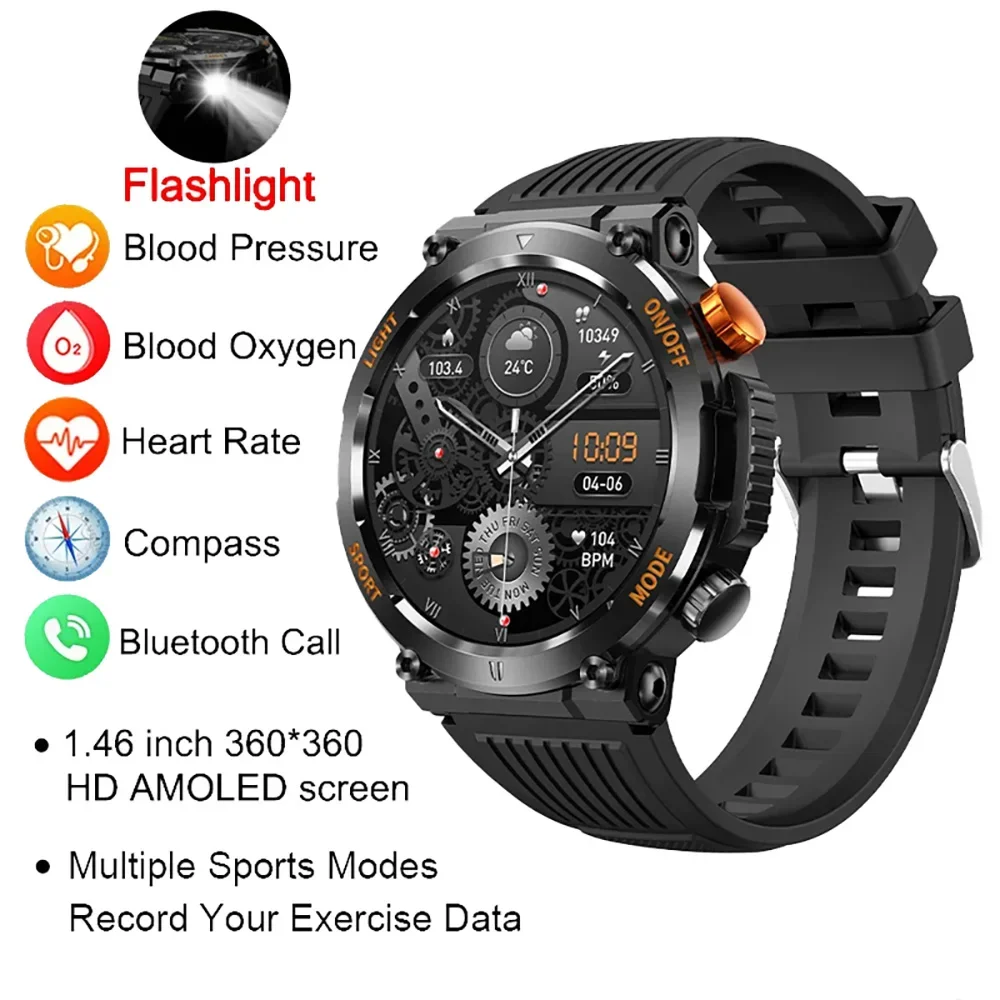 Rugged Military Smart Watch Men Ftiness Watches IP67 Waterproof 1.46'' Compass Bluetooth Call Smartwatch 2023 For Android Xiaomi