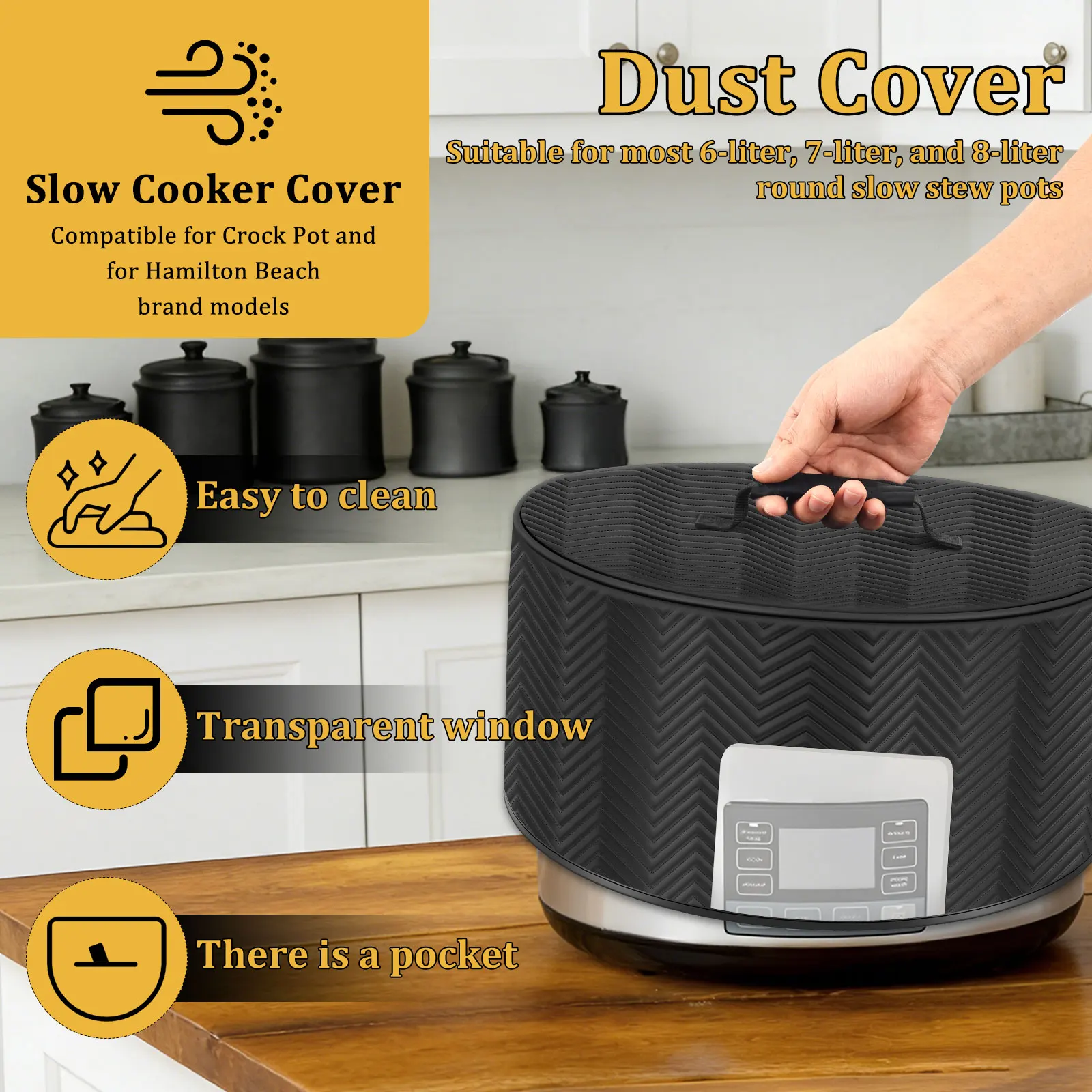 Kitchen Dust Cover Polyester Slow Cooker Cover with Pocket and See Through Window Appliance Dust Cover for 6/7/8L Slow Cooker