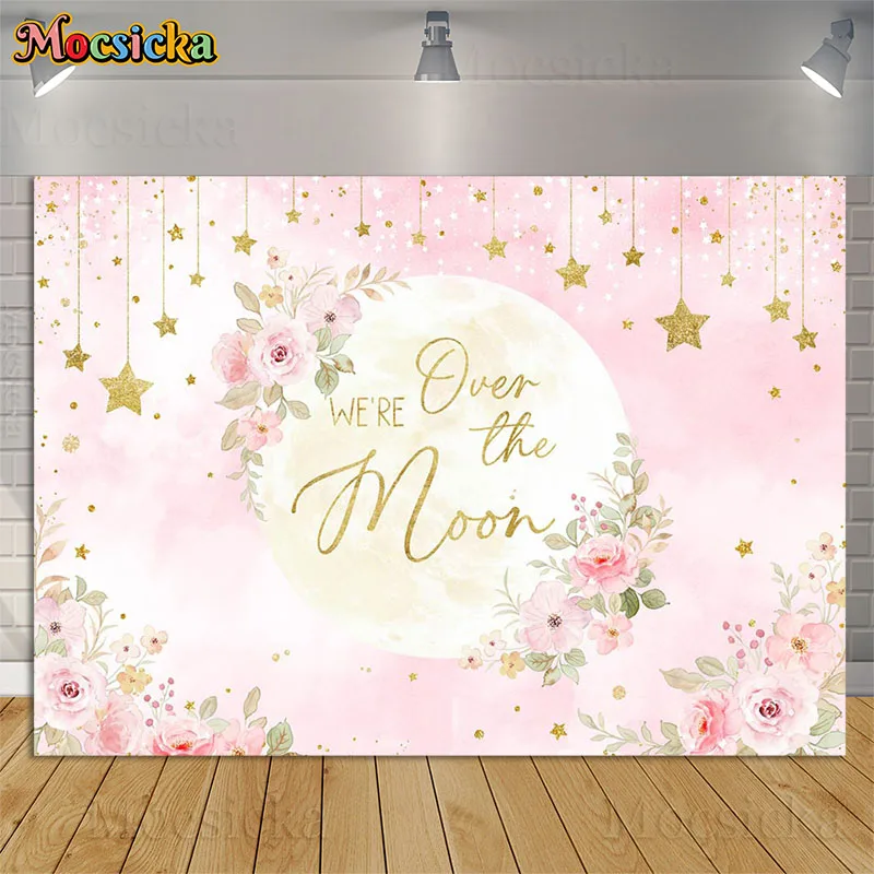 

Mocsicka Baby Shower Party Decor Background Girl Pink Flowers Star Backdrops We are Over the Moon Glitter Birthday Photo Banner