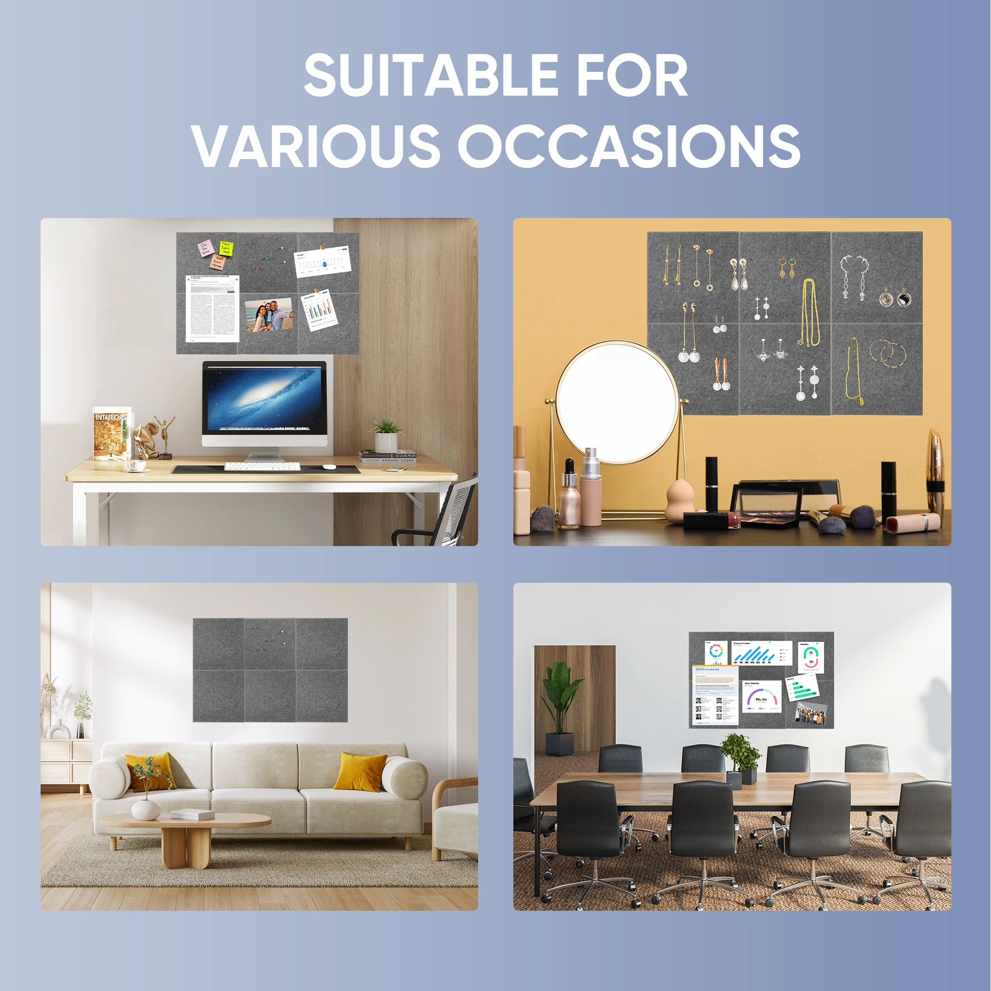 Deli 6-Pack Grey Felt Cork Board Tiles, Customizable Wall Memo Board,Includes Pins for Office, Home Kitchen