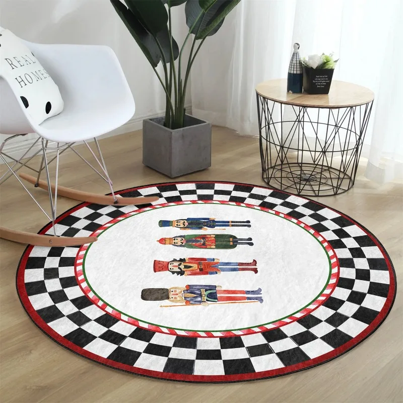 Tin Soldier Round Rug Nutcracker Carpet Christmas Non Slip Circle Rugs Checkers Rubber Backing Mat Toy Area Rug for Kids Bedroom