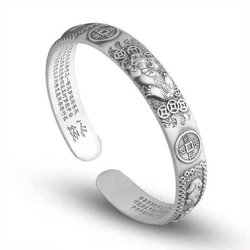 Retro copper coins Pixiu charms bracelet men's silver 925 design simple Chinese style domineering open bangles  jewelry