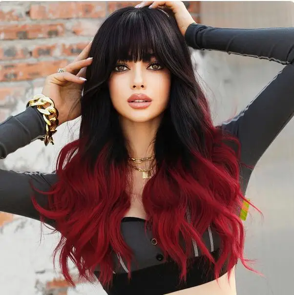 Wave shaped O black to red long wig