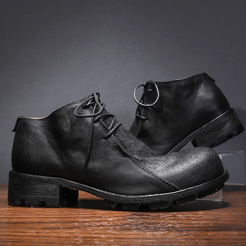 Men's Layer Leather Derby Retro High Top Round Head Low Top Workwear Casual Big Head Height Increasing Leather Shoes for Men