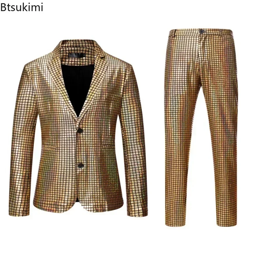 Männer Bühne Prom Anzüge Sets Gold Silber Regenbogen Plaid Pailletten Jacke und Hosen Sets Abendessen Kleidung Disco Party Kleidung für Männer