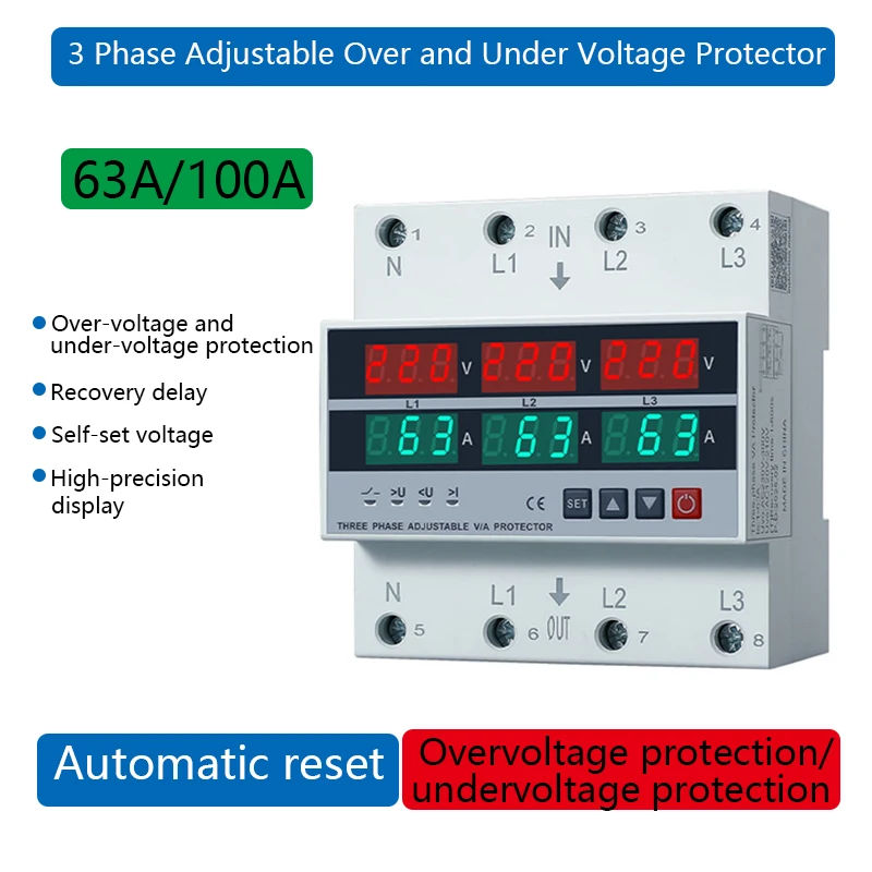 

63A/100A 3 Phase Adjustable Over and Under Voltage Protector Overcurrent Protection Din rail Voltmeter Ammeter Relays Protector