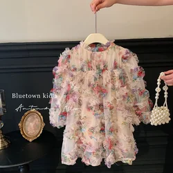 Girls Casual Dresses Floral Print Mesh Puffed Sleeve Princess Dress Flower Girl Dresses for Weddings Kids Dresses for Girls