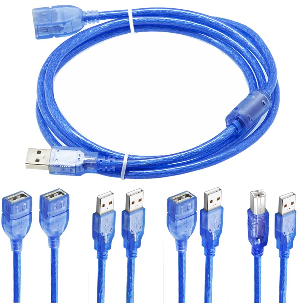 High Quality Transparent Blue Copper Core Double Shielded USB 2.0 Extended Printing Pair Wiring Male To Female Data Cable