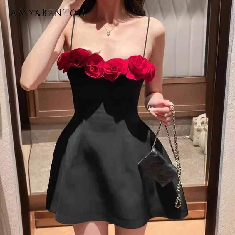 

Fashion Design Sense Off-Shoulder Three-Dimensional Flower Tube Top Dress Women's Summer Waist Princess Puffy Dinner Vestidos