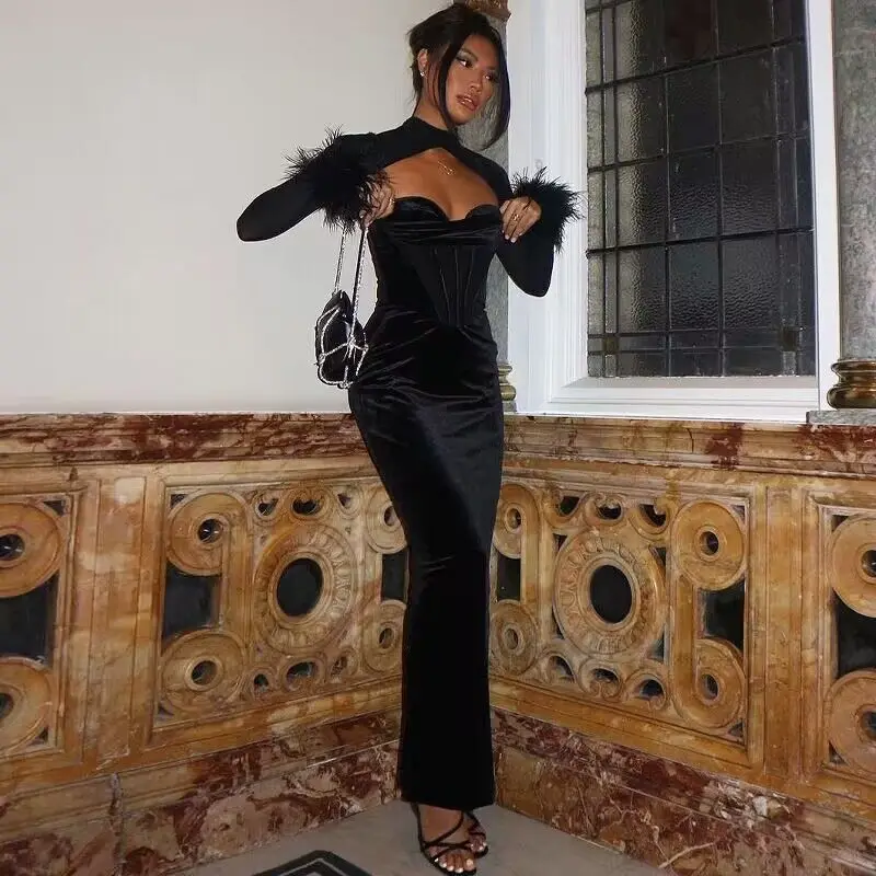 

2025 Autumn Women's New Plush Mesh Patchwork Nightclub Style Hollow Out Long Dress Slim Fit Dress Dress Robe Vestido Women