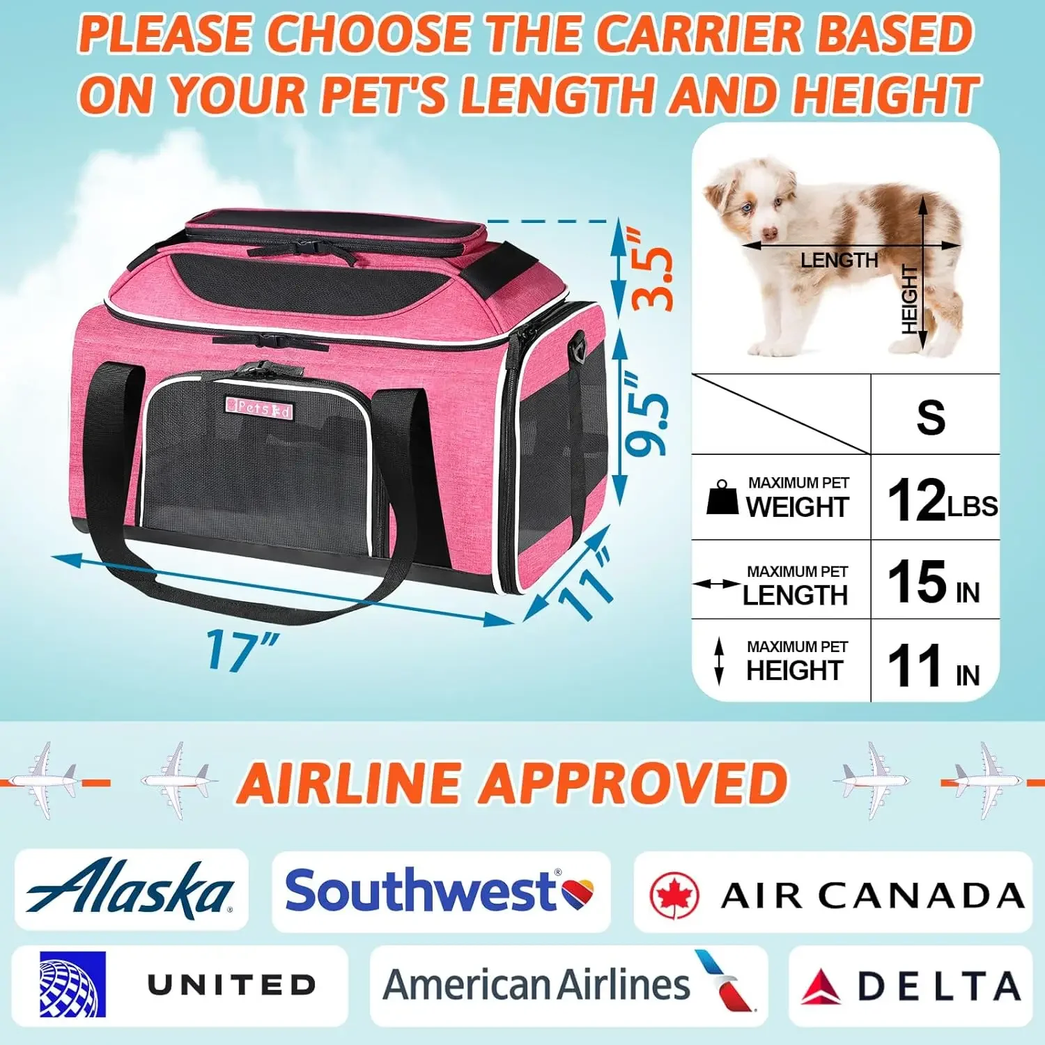 Pet Carrier 17x11x9.5 Inches Alaska Airline Approved, Soft-Sided Carrier for Small Cats and Dogs with Locking Saf