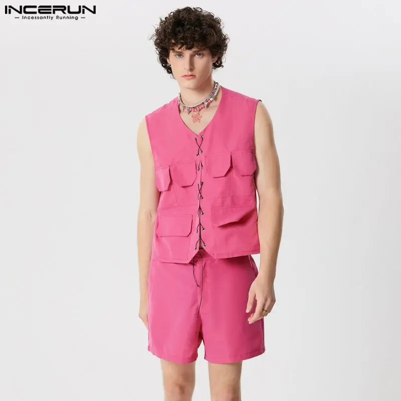 

INCERUN 2024, мужские комплекты в американском стиле, модные дизайнерские жилеты и шорты с несколькими карманами спереди и средним ремешком, мужские однотонные комплекты из двух предметов