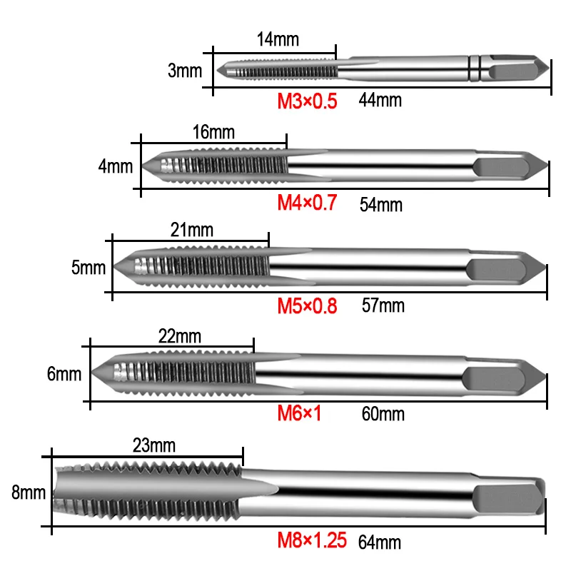 5pcs Hss Machine Screw Thread Metric Plug Tap Screw Taps 3mm 4mm 5mm 6mm 8mm M3-M8 Set Kit Screw Thread Tap Drill M3 M4 M5 M6 M8