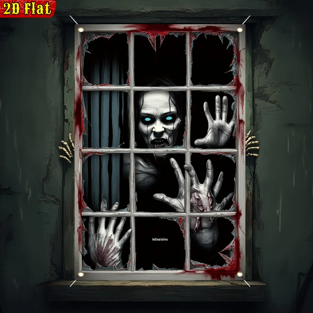 2D-Flugzeug, 1 große Horror-Fensterbanner-Dekoration – Zombie-Hände und leuchtende Augen, Halloween-Dekoration