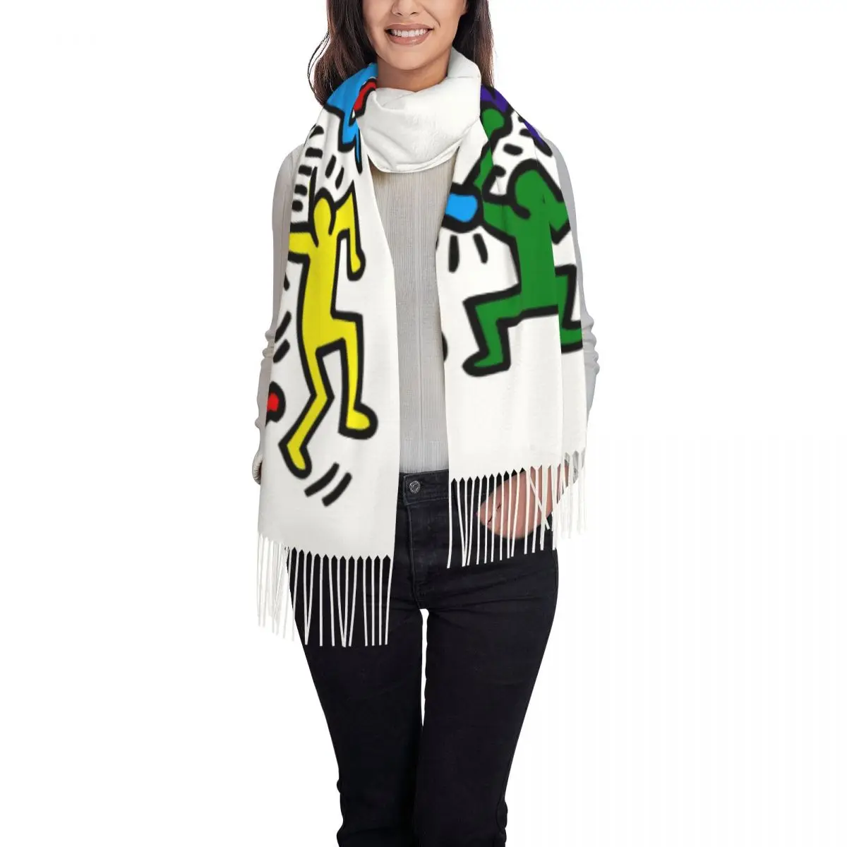 Lady Large Funny Graffiti Figures Scarves Winter Fall Soft Warm Tassel Shawl Wrap Geometric Abstract Haring Paintings Art Scarf