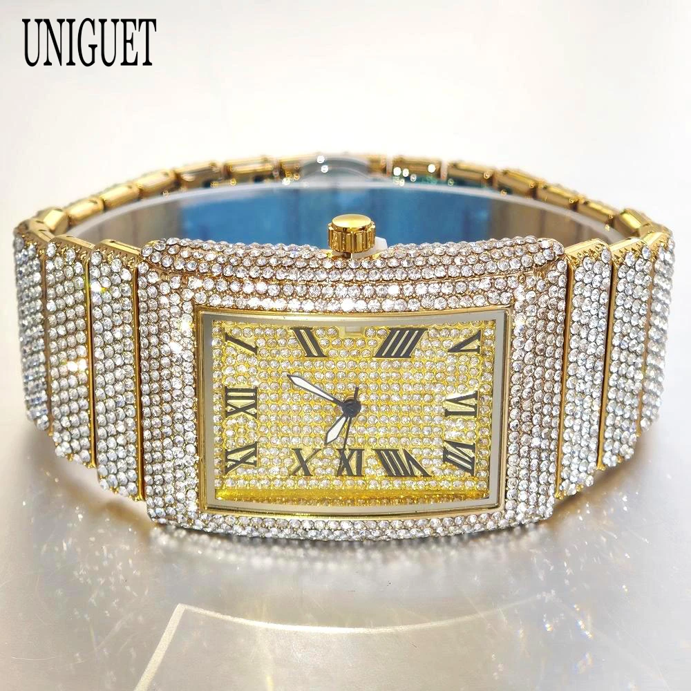 

UNIGUET Hip Hop Watch for Men Luxury Full Iced Diamond Gold Rectangle Wristwatch with Roman Numerals Reloj Hombre Hot Sale