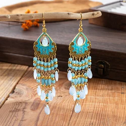 Bohemian Ethnic Style Earrings for Women Long Vintage Drop Glaze Rice Bead Water Drop Earrings Vacation Party Wedding Jewelry