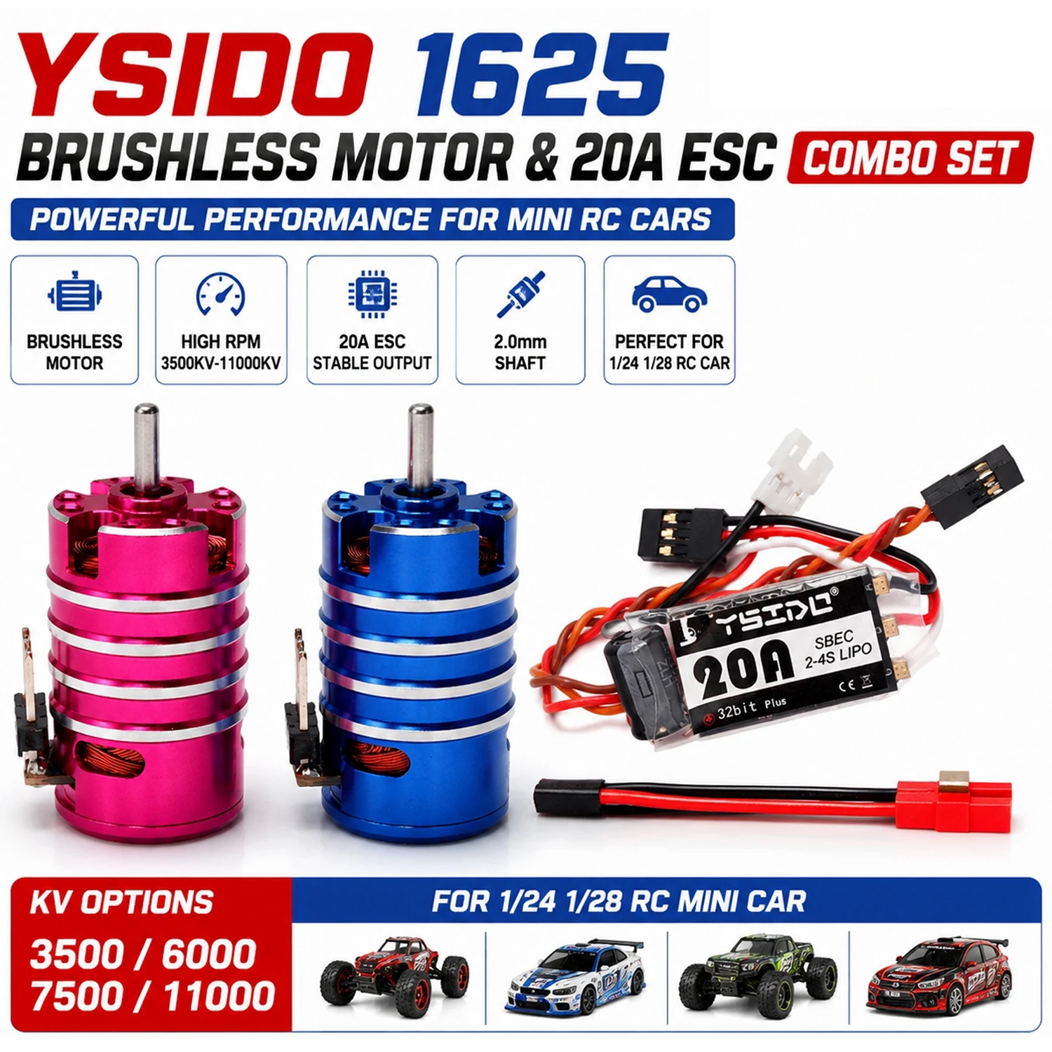 YSIDO 1625 Bürstenloser Motor 3500/6000/7500/11000KV & 20A ESC Combo-Set 2,0mm für 1/24 1/28 Wltoys Traxxas RC Mini-Auto Modellteil