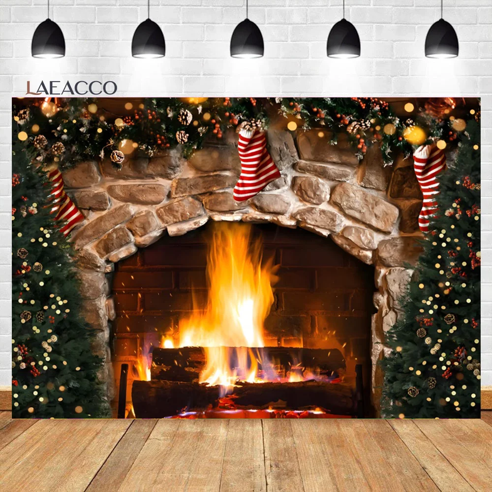 

Laeacco Burning Firewoods Backdrop Vintage Brick Wall Fireplace Winter Christmas Party Decor Kid Portrait Photography Background