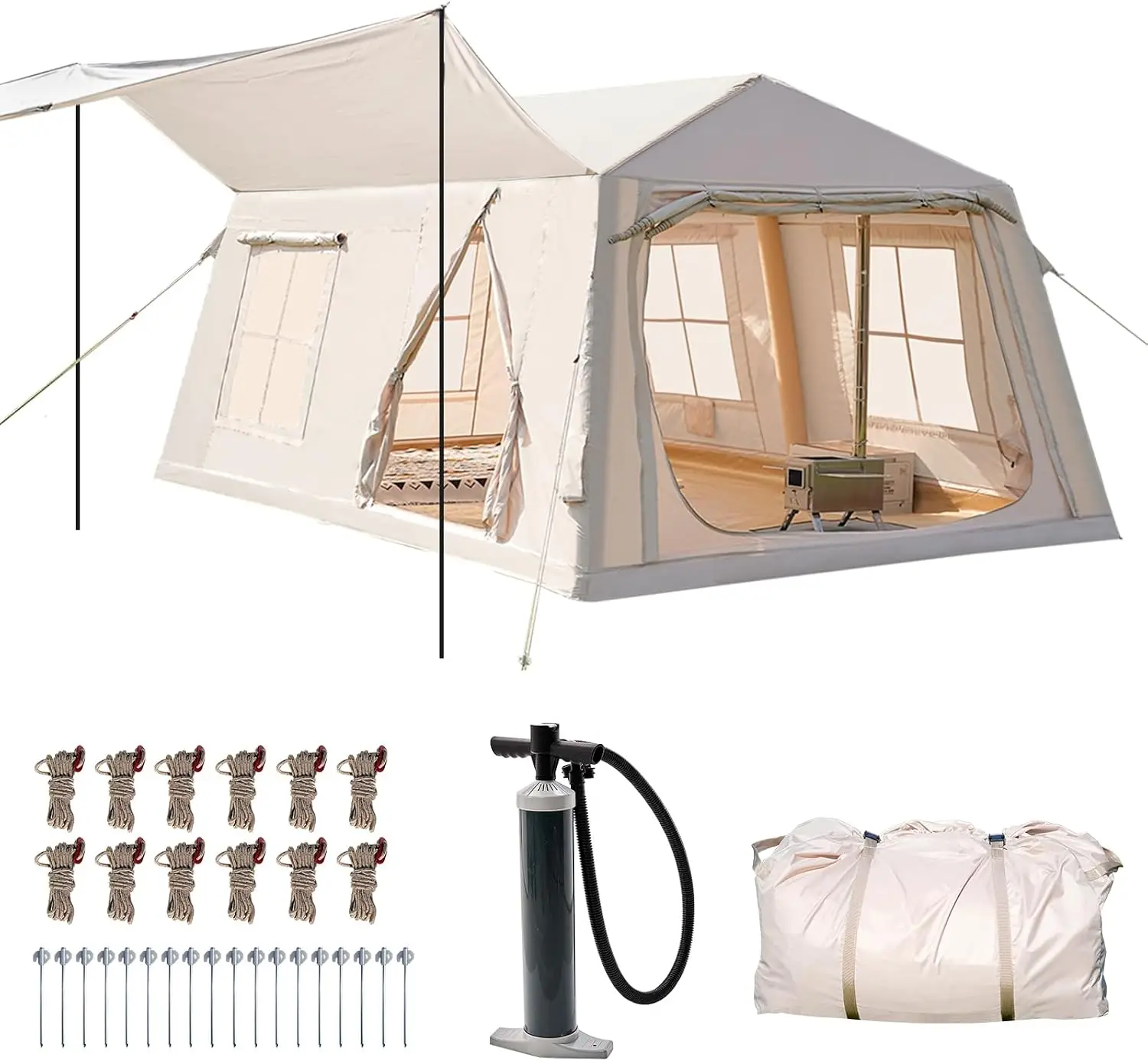 Inflatable Camping Tent, 4/6/8/10/12 Person Easy Setup Blow Up Tent with Hand Pump, PU3000mm Waterproof 4 Season Glamping Tent