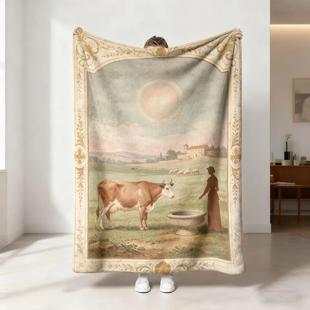1Pc European Ranch Plough Ox Oil Painting Flannel Blanket Multiple Sizes Soft Throw Blanket For Sofa Rest Office Daily Nap De
