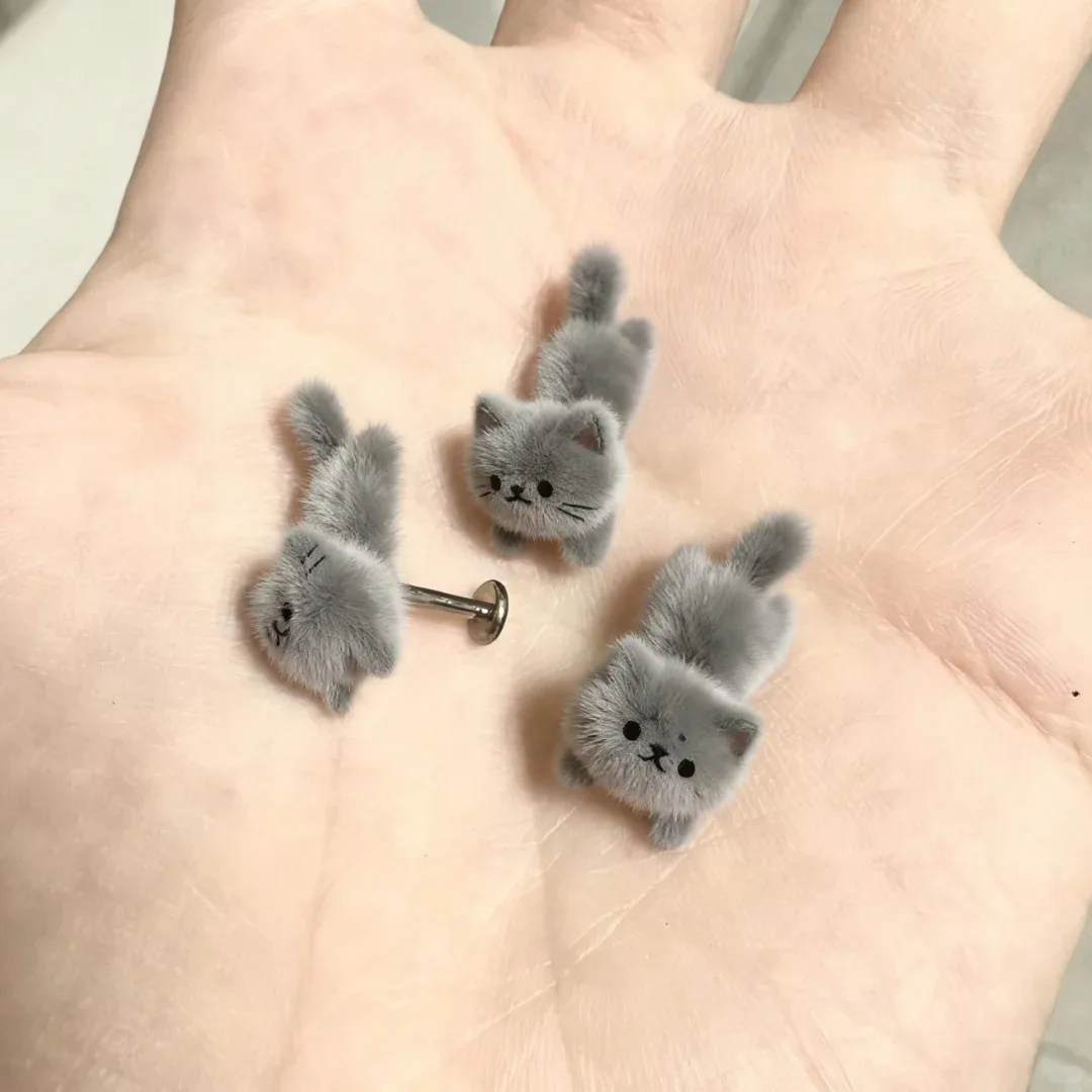 Kitten, Fluffy Cute Flocked Blue Cat Stud Earrings, Small Cartoon Gentle Little Animal Earrings.