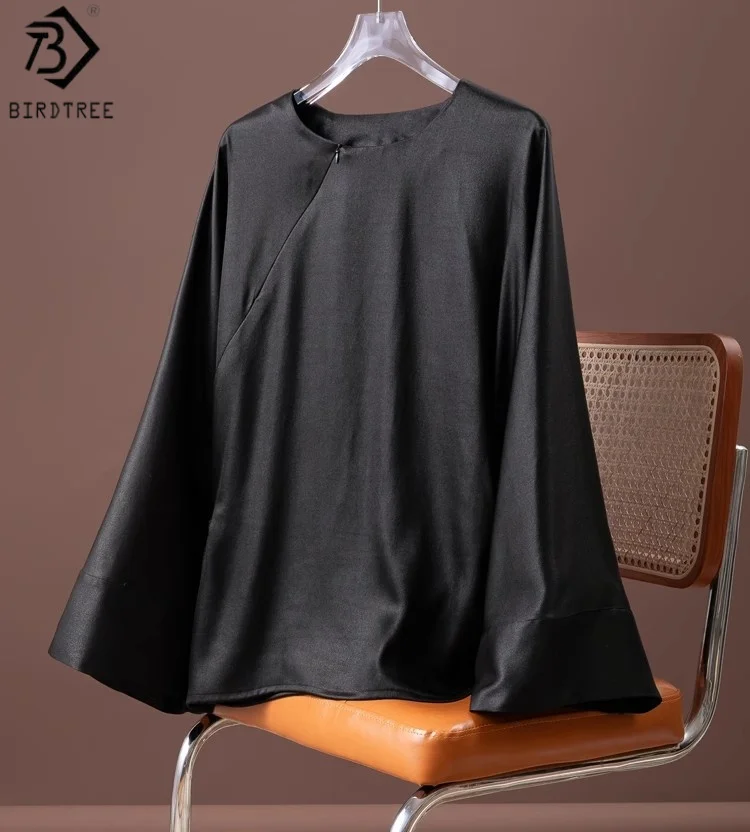 

Birdtree 100% шелковая черная рубашка, женская тяжелая атласная рубашка с рукавами реглан и круглым вырезом на молнии, летняя блузка в китайском стиле T59104JF