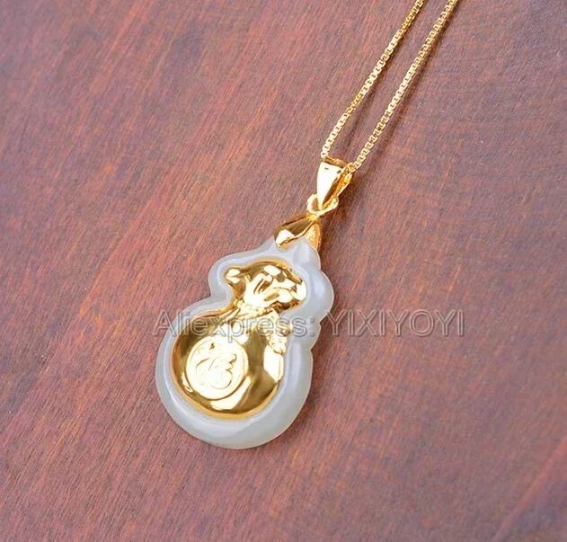 Natural White Hetian Jade + 18K Solid Gold Inlaid Carved Money Bag Lucky Pendant + Free Necklace Fine Jewelry + Certificate
