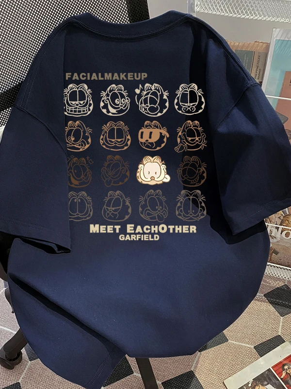 Loose Unisex Pure Cotton Short Sleeve T-Shirt Cartoon  Head Design Breathable Summer Casual Wear Shoulder Line Design