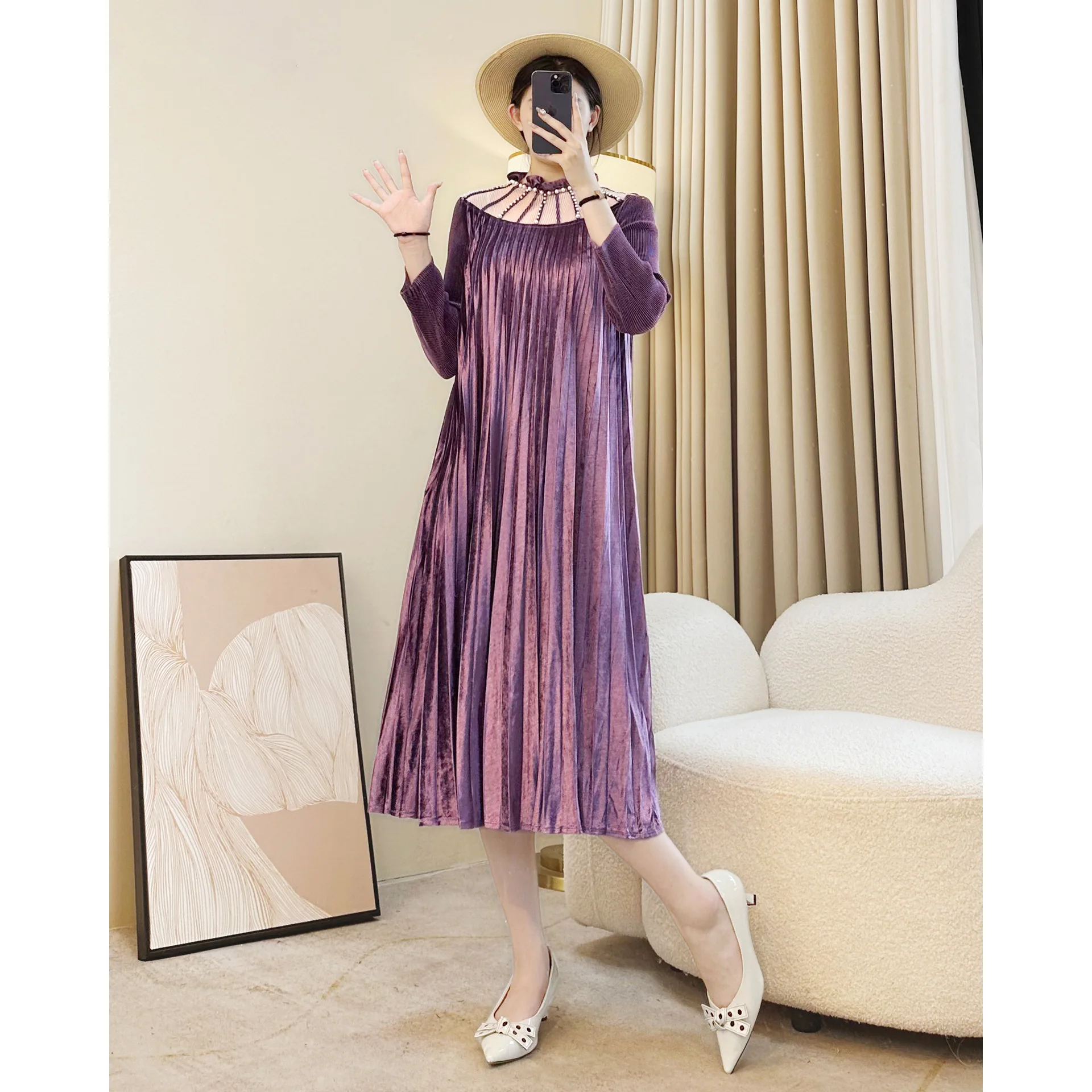 

Miyake Pleated Dress Women's 2025 Spring and Autumn New Solid Color Earring Collar Long-sleeved Beaded Elegant Pleated Skirt