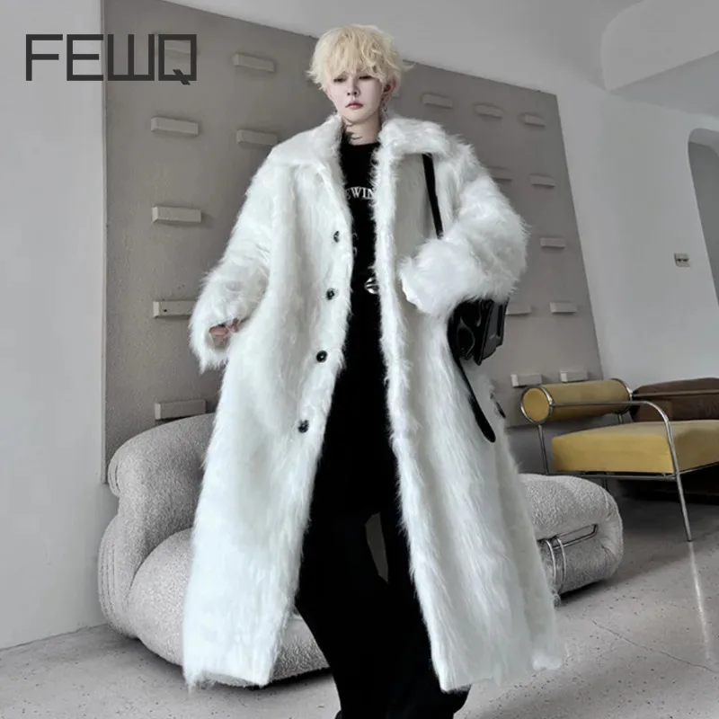 

FEWQ Men's Faux Fur Coat Winter Korean Style Turn-down Collar Belt Single Breasted Solid Color Thickened Male Windbreaker 9C8121