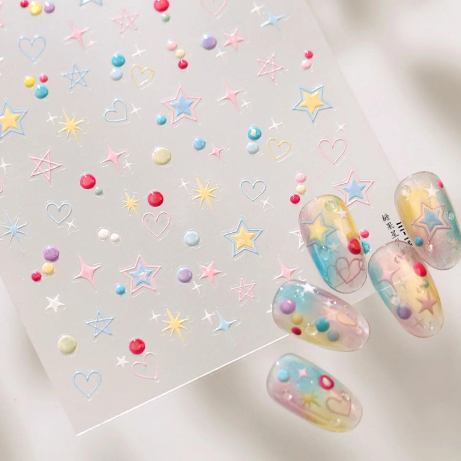 5D Macaron Stern Herz Pentagramm Punkt Nagelkunst-Aufkleber Dopamin Kindliche Abziehbilder Bonbonfarben Selbstklebende Sommer-Maniküre-Dekoration