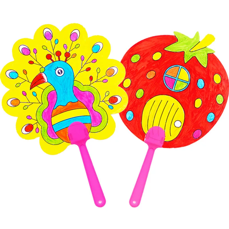 1pcs Children\'s Handmade DIY Painting Blank Fan Cartoon Paper Fan Hand-painted Graffiti Painting Coloring Fan Kindergarten