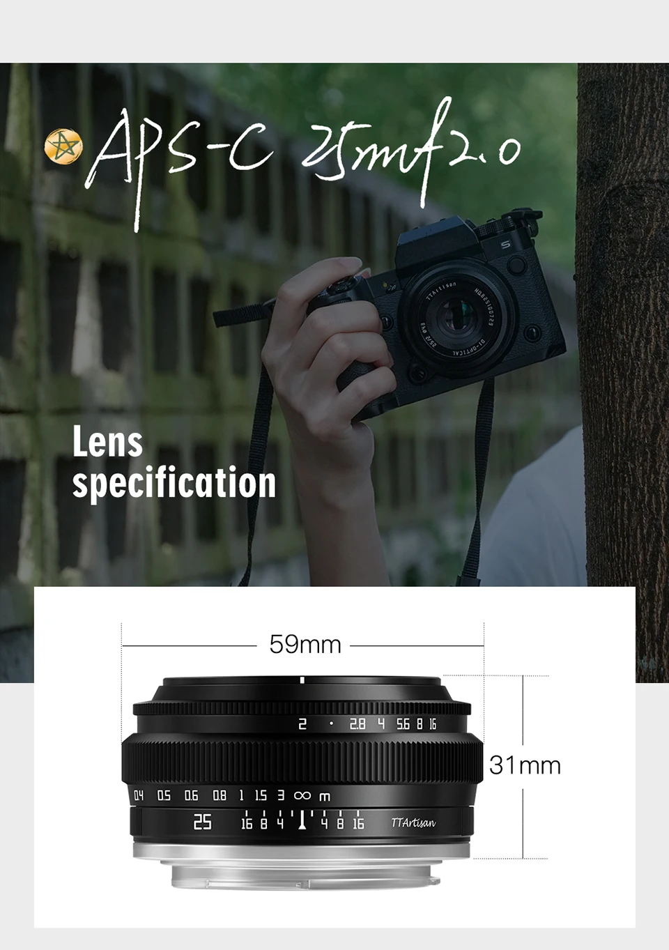 TTARTISAN 25mm F2 APS-C MF Porträt-Fotografie-Kameraobjektiv für Sony A6000 A7RIII Fuji XT30 XT-100 Nikon ZFC Canon RF M43 Mount – Detail 9