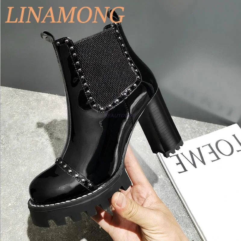 

Короткие сапоги с заклепками и круглым носком, увеличивающие рост, черные, в минималистском стиле, на толстом каблуке, кожаные швы, универсальные высокие каблуки