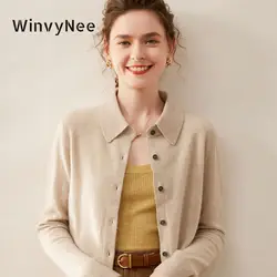 WinvyNee Women Cashmere Wool Cardigans Sweater Solid Shirt Collar Casual Knitwear Tops Winter Autumn Office Cardiagan B1054015