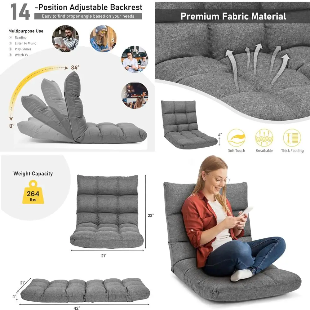 

Gray Ergonomic Gaming Chair with Resilience Foam, Steel Frame, Padded Bed Couch Recliner, and Back Support for Reading and Medit