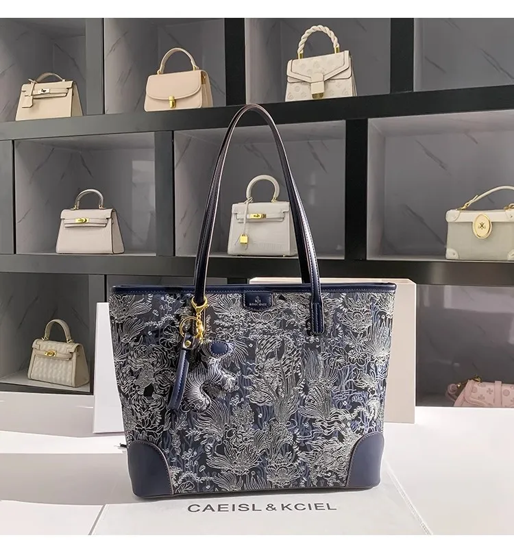 Large Capacity Blue Color Embroidery Tote Bag Fashion Purse High Quality Women Handbag Shoulder Underarm Bag Female Shopping Bag